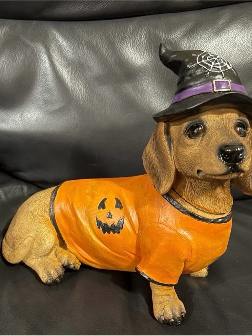 Halloween Dachshund with Sweater and Witch Hat Decor - Halloween Dog Decor